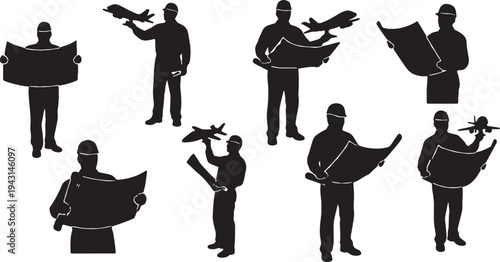 Black Solid Aerospace Design Engineer Silhouettes Set of Six on White Background