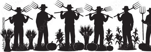 Black Solid Agriculture Farm Worker Silhouettes Set of Six on White Background