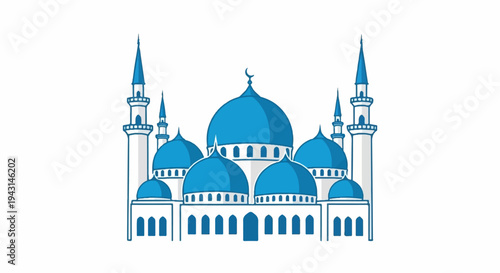 Stylized blue domed structure with tall minarets against white background