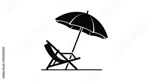 Black and white vector illustration of a beach chair and umbrella for summer vacation graphic design