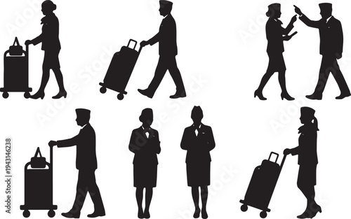 Black Solid Airline Flight Attendant Silhouettes Set of Six on White Background