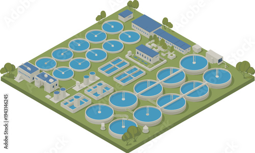 Industrial wastewater treatment plant system, sewage purification facility, municipal water recycling infrastructure, environmental sanitation technology, water management engineering illustration