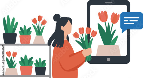 Online flower shopping concept, woman florist holding tulip bouquet, plant shop illustration, mobile ecommerce, digital florist store