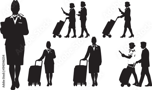 Black Solid Airline Flight Attendant Silhouettes Set of Six on White Background