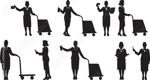 Black Solid Airline Flight Attendant Silhouettes Set of Six on White Background