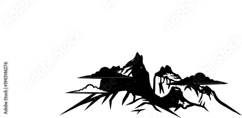Stylized black and white silhouette of rugged, jagged mountains with stylized clouds