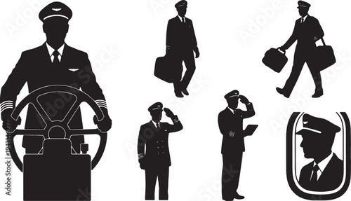 Black Solid Airline Flight Pilot Silhouettes Set of Six on White Background