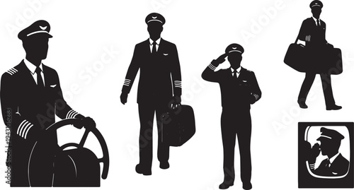 Black Solid Airline Flight Pilot Silhouettes Set of Six on White Background