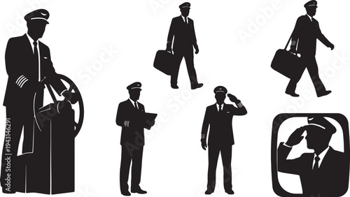 Black Solid Airline Flight Pilot Silhouettes Set of Six on White Background