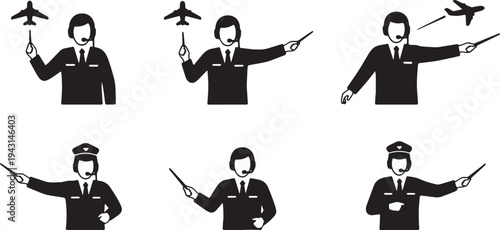 Black Solid Air Traffic Controller Silhouettes Set of Six on White Background