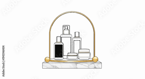 Array of skincare products arranged on marble base within gold arch