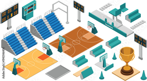 Isometric basketball arena elements collection with courts, hoops, scoreboards, stands and trophy illustrating professional sports facility equipment set