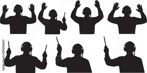 Black Solid Air Traffic Controller Silhouettes Set of Six on White Background