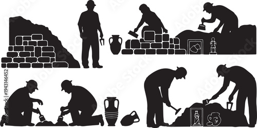 Black Solid Ancient History Archaeologist Silhouettes Set of Six on White Background