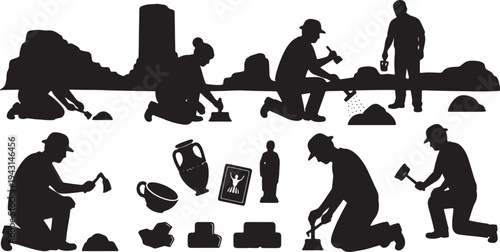 Black Solid Ancient History Archaeologist Silhouettes Set of Six on White Background