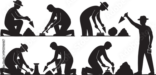 Black Solid Ancient History Archaeologist Silhouettes Set of Six on White Background