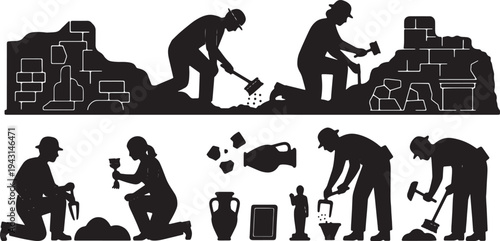 Black Solid Ancient History Archaeologist Silhouettes Set of Six on White Background