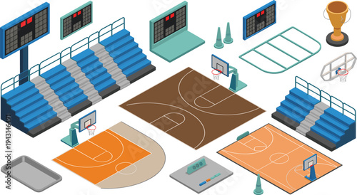 Isometric basketball arena elements set including court, hoop, scoreboard, stands and sports equipment for professional indoor basketball game illustration