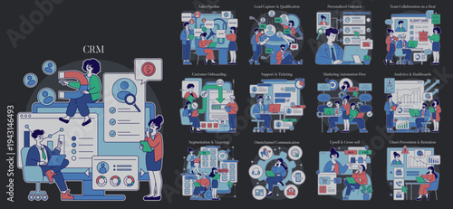 CRM Processes and Strategies Vector Illustration Set