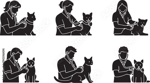 Black Solid Animal Care Veterinarian Silhouettes Set of Six on White Background