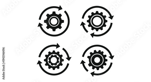 Collection of four simple vector graphic icons depicting continuous process improvement with circular gears