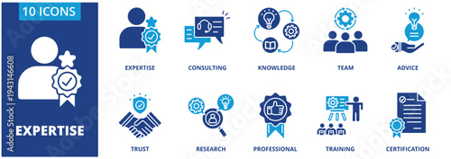 Expertise  icon set collection. Icon pack contain Expertise, consulting, knowledge, team, advice, trust, research, professional, training, certification. dual tone vector.	
