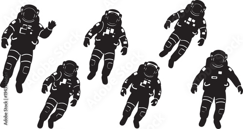 Black Solid Astronauts Floating Space Suits Silhouettes Set of Six on White Background