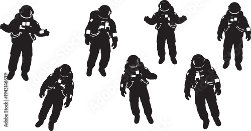 Black Solid Astronauts Floating Space Suits Silhouettes Set of Six on White Background