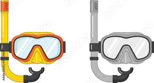 Snorkeling Gear Vector Illustration Set Showing Colorful and Neutral Diving Masks with Snorkels for Water