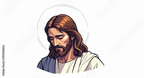 Stylized portrait of a man with flowing brown hair, beard, and a serene halo