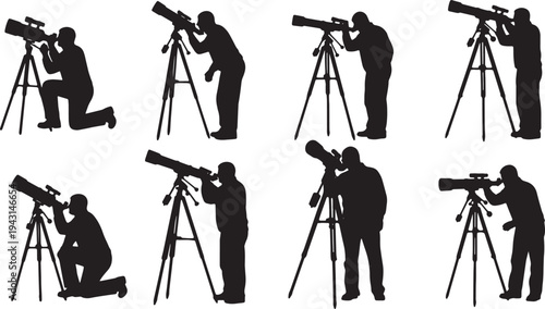 Black Solid Astronomy Space Scientist Silhouettes Set of Six on White Background