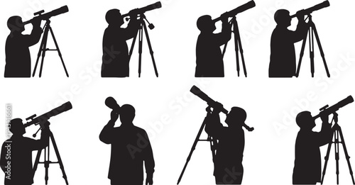 Black Solid Astronomy Space Scientist Silhouettes Set of Six on White Background