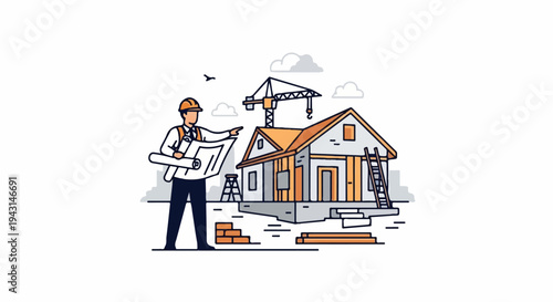 Architect reviews house plans on construction site with crane overhead