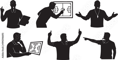 Black Solid Athletic Sports Coach Silhouettes Set of Six on White Background