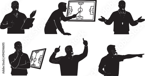 Black Solid Athletic Sports Coach Silhouettes Set of Six on White Background