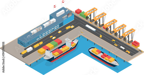 Isometric cargo shipping port terminal, container ships cranes trucks logistics warehouse maritime transportation industry illustration
