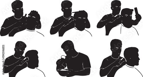 Black Solid Barbershop Grooming Barber Silhouettes Set of Six on White Background