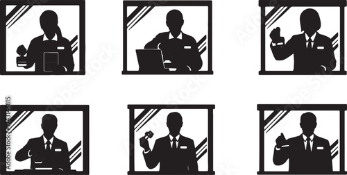 Black Solid Bank Tellers Stamping Documents Silhouettes Set of Six on White Background