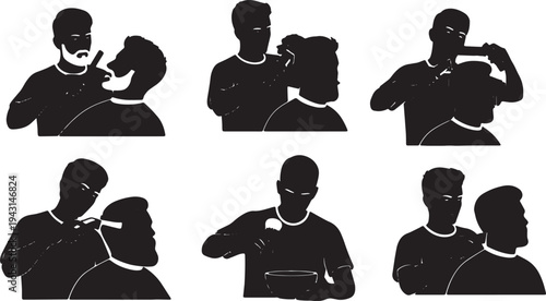 Black Solid Barbershop Grooming Barber Silhouettes Set of Six on White Background