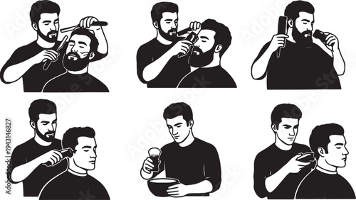 Black Solid Barbershop Grooming Barber Silhouettes Set of Six on White Background