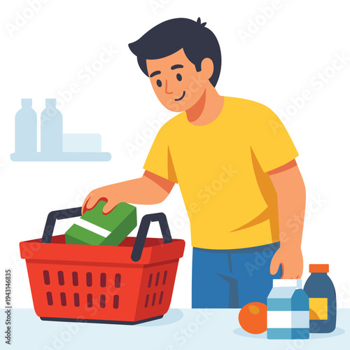 Young man adding items to a shopping basket