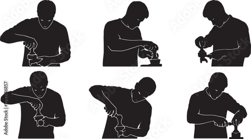 Black Solid Barista Coffee Tamping Espresso Silhouettes Set of Six on White Background