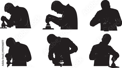 Black Solid Barista Coffee Tamping Espresso Silhouettes Set of Six on White Background