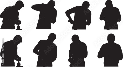 Black Solid Barista Coffee Tamping Espresso Silhouettes Set of Six on White Background