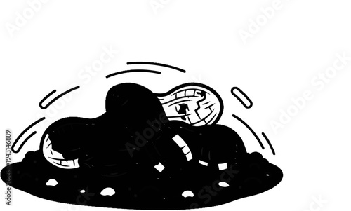 A stylized black blob-like creature with a happy face emerging from dirt