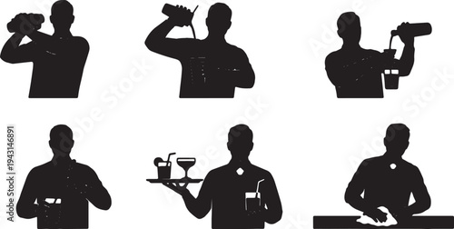 Black Solid Bartender Mixology Expert Silhouettes Set of Six on White Background