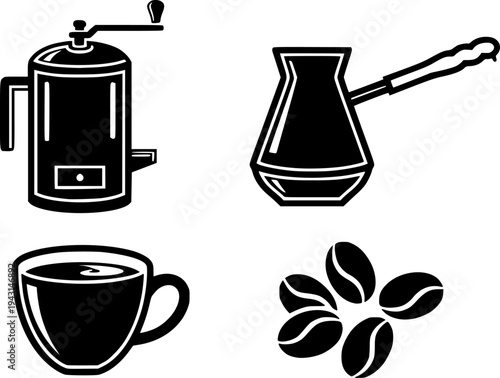 Coffee Making Process Grinder, Cezve, Cup, and Beans Icons
