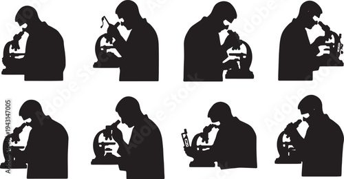 Black Solid Biology Research Scientist Silhouettes Set of Six on White Background