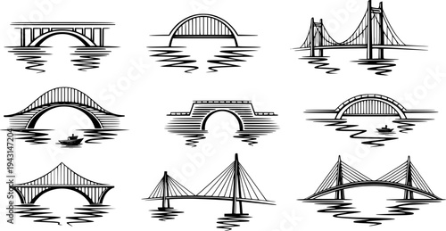 Collection of stylized line art bridge illustrations over water
