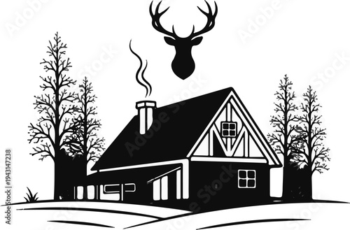 Rustic cabin with deer silhouette, smoke from chimney, and barren trees